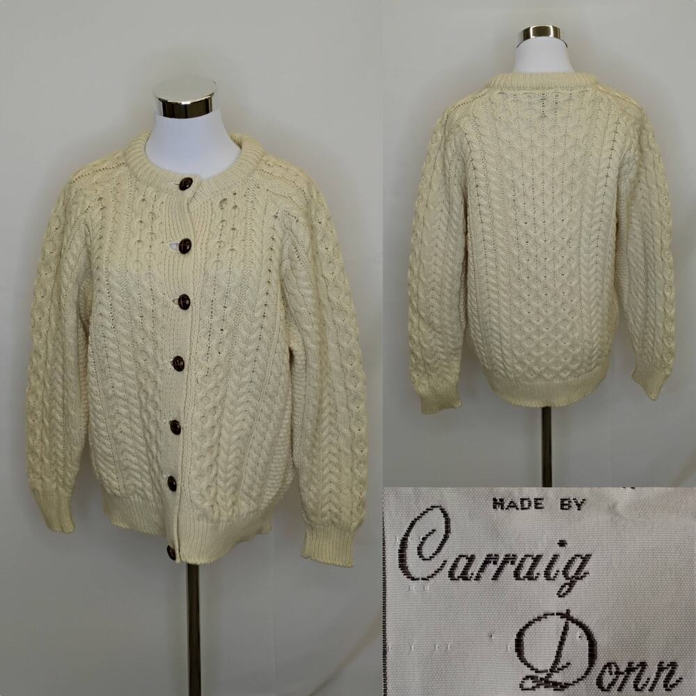 CarraigDonn Cardigan Sweater Women's S Cream Cable-Knit Aran Wool Ireland #J5824